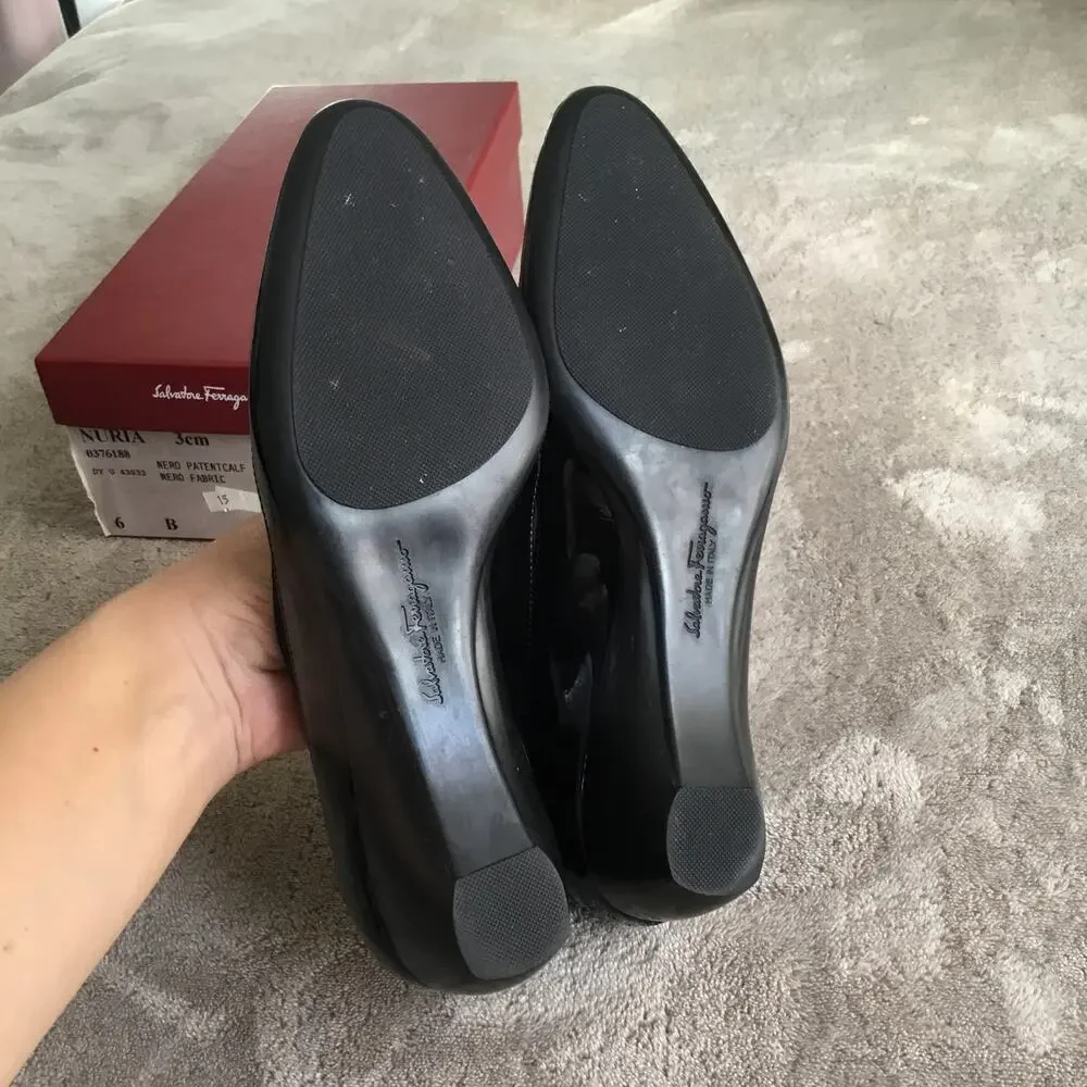 Salvatore Ferragamo Nuria Wedge Black Patent Leather Pumps Size 6 - Picture 7 of 10